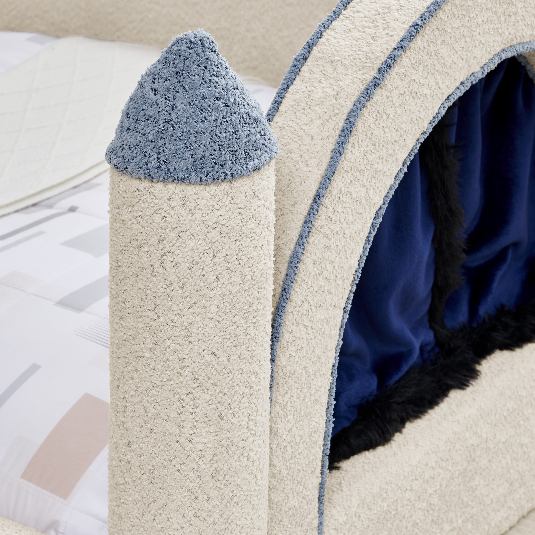 GDF Studio Solley Twin Size Castle Bed with Safety Guardrails, Curtain & Wood Frame, Boucle Upholstered Bed, Camel