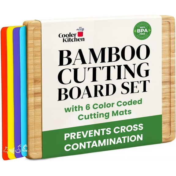Easy-to-Clean Bamboo Wood Cutting Board with set of 6 Color-Coded Flexible Cutting Mats with Food Icons - Chopping Board Set