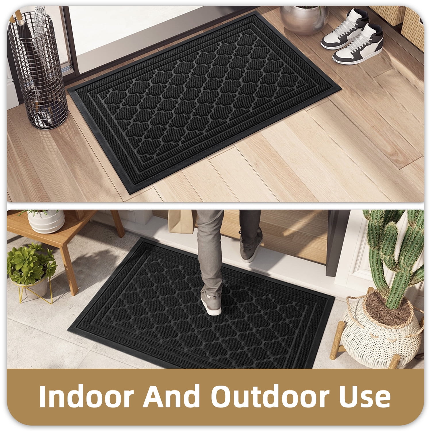 PABUBE Outdoor Doormat, Weatherproof Low Profile Outdoor Mat,Heavy Duty Non-Slip Welcome Mat, Dirt Trapper Washable Entry Rug for Front Doors Entryway,24"X36",Black