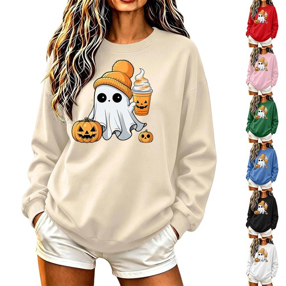 HomeDM Halloween Sweatshirt for Women Long Sleeve Cute Ghost Crew Neck Pullover Cozy Pumpkin Graphic Casual Fall Tops