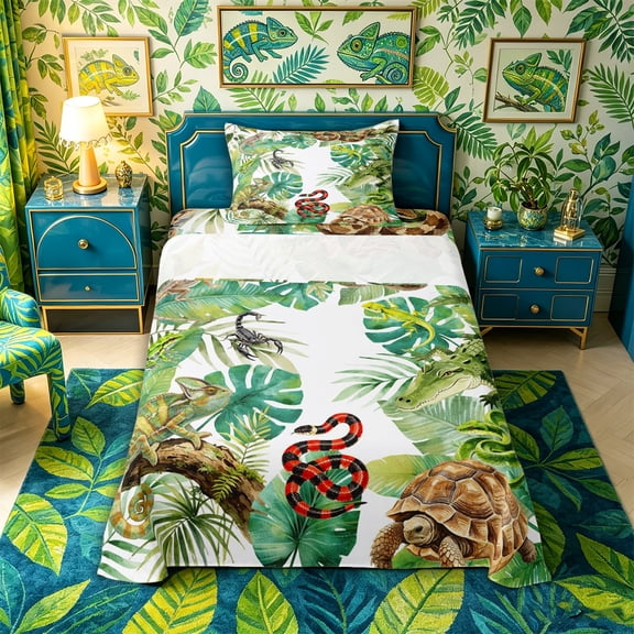 Aikeke Lizard Snake Turtle Twin Sheets 3pcs, Tropical Jungle Wildlife Bedding, Green Brown Red,1 Fitted Sheet, 1 Flat Sheet and 1 Pillowcase