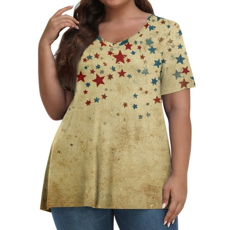 Women S Tops  Casual V Neck Pullover Short Sleeve Plus Size 4Th Of July Printed Tshirt Tank Tops For Women Corset Black Long Shirt Woman Spring Tops Workout Tops Work Tees (4XL  Khaki) ZMTing
