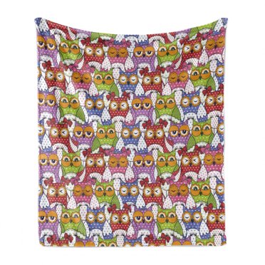 Owl Soft Flannel Fleece Blanket, Ornate Owl Crowd with Different Sights Polka Dots Like Matryoshka Dolls Fun Retro Theme, Cozy Plush for Indoor and Outdoor Use, 50" x 60", Multicolor, by Ambesonne