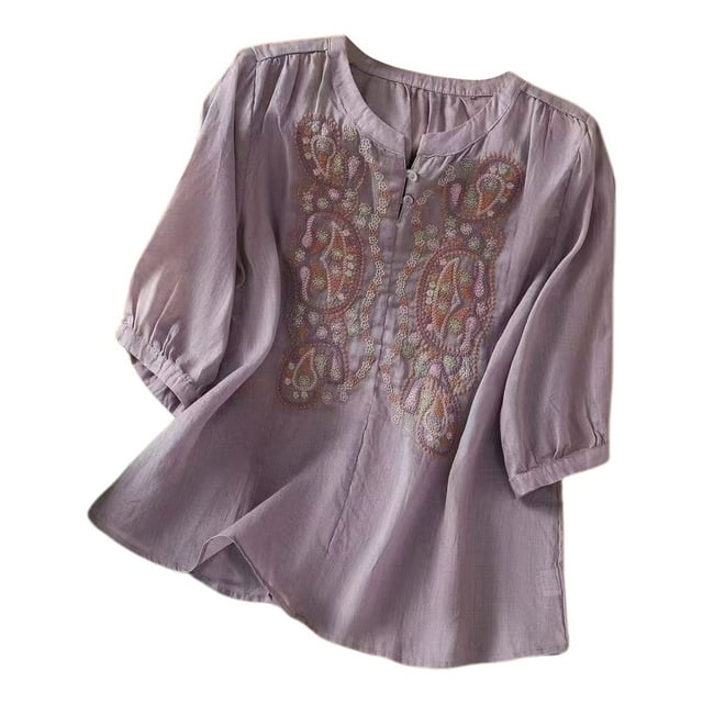Nouveau T-Shirt d'Été pour Femmes Col Rond Rétro Boucle Disque Manches Cinq Quarts Broderie Littéraire Demi-Ouvert