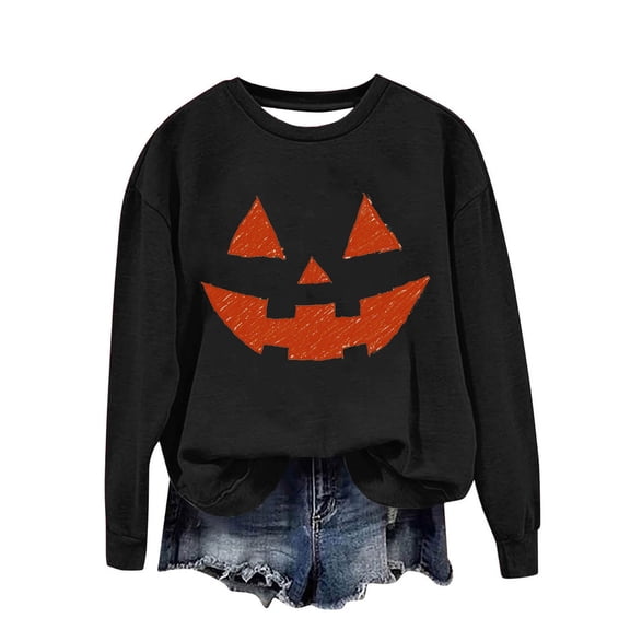 Risckoth Women's Halloween Sweatshirt Jack O Lantern Print Crew Neck Drop Shoulder Hoodless Casual Pullover S-2XL
