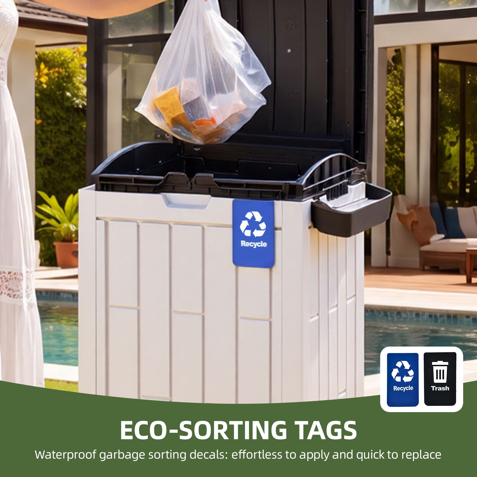 Uforic 38 Gallon Outdoor Trash Can, Resin Garbage Bin with Sorting Labels, Ash Holder, Lid, Stakes & Suction Cups for Patio Backyard Garden, White