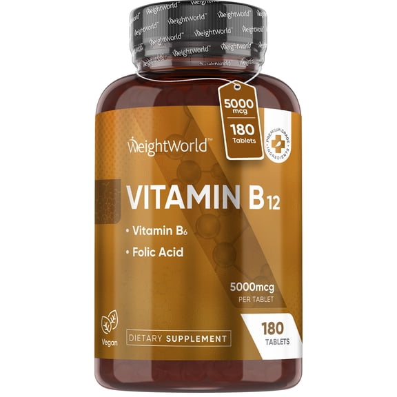 WeightWorld Vegan B12 Vitamin 5000mcg | 6-Month Supply | Vitamin B12 Methylcobalamin Form with Added Vitamin B6 & B9(Folic Acid)