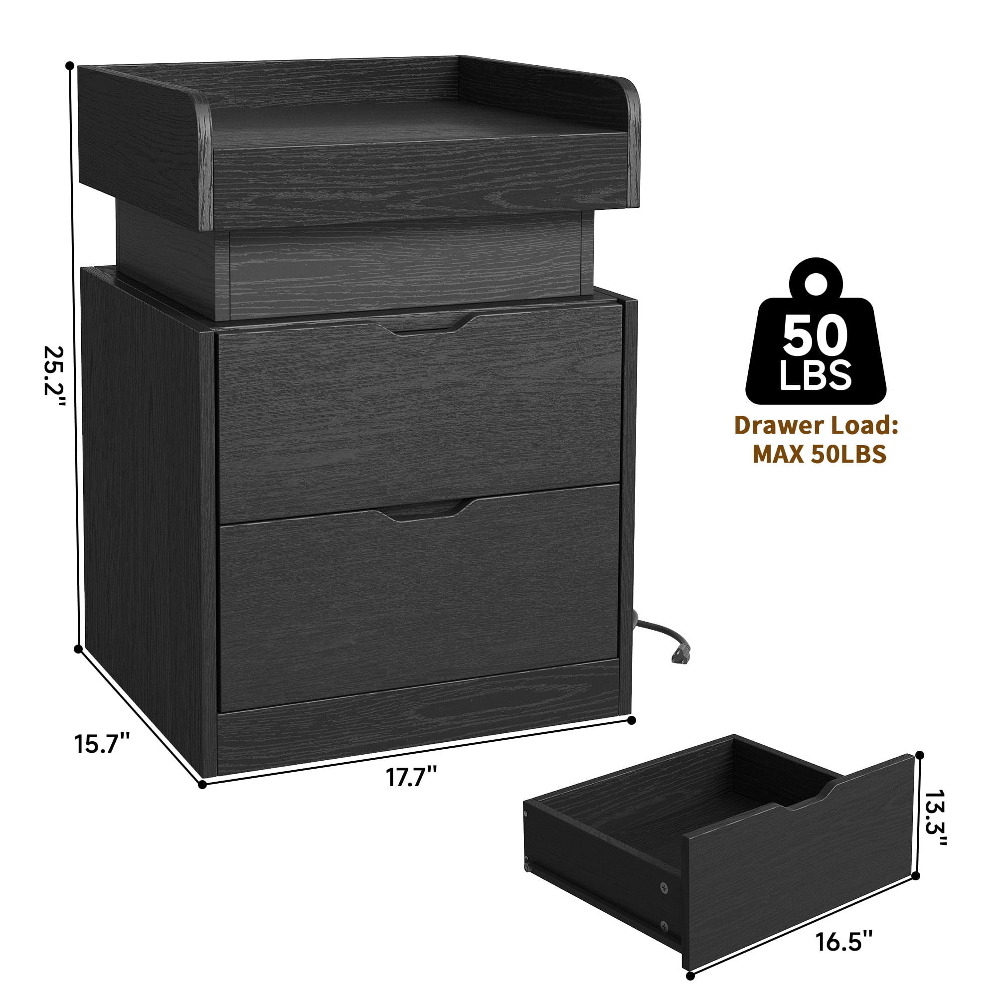 NEGYLIM Nightstand with Charging Station & Multi-Color LED Lights, Bedside Tables for Bedroom Modern Style with 2 Wooden Drawers & a Sliding Top, End Tables for Living Room, Black