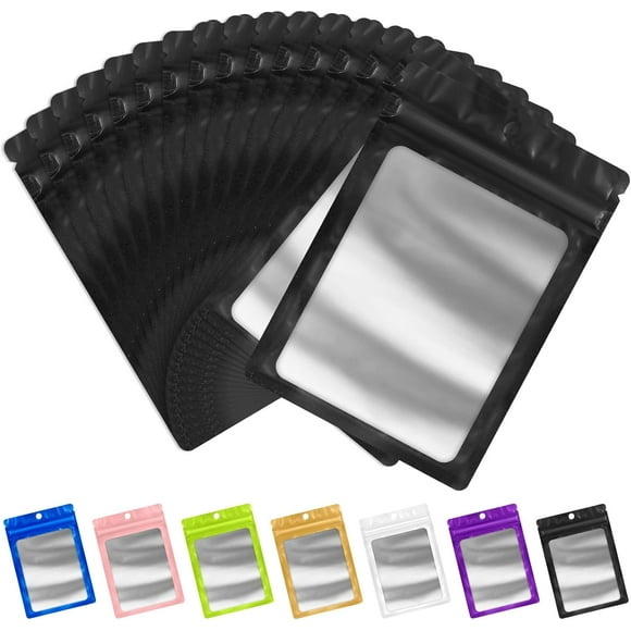 100 Pack Mylar Resealable Bags Foil Packaging Bags with Clear Window,Zipper Pouch Smell Proof Bags for Food Storage,Cookies,Sample,Small Business(Black,2.4x3.9inch)