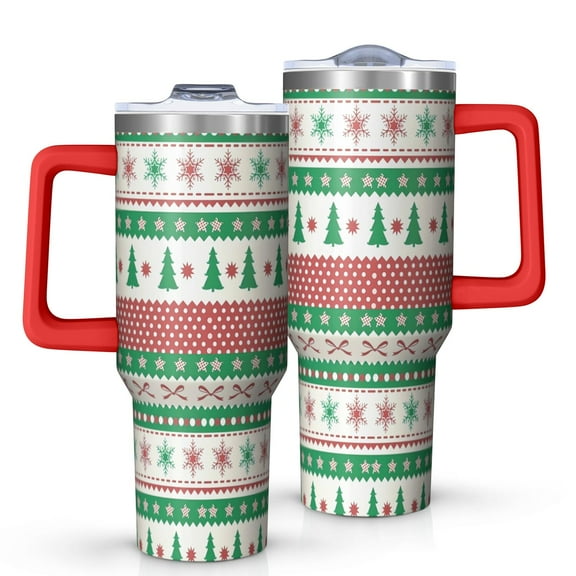 Green Christmas Tree and Snowflake Pattern Tumbler with Handle and Lid,40oz Double Wall Vacuum Insulated Tumbler,Cups Gift for Women and Men