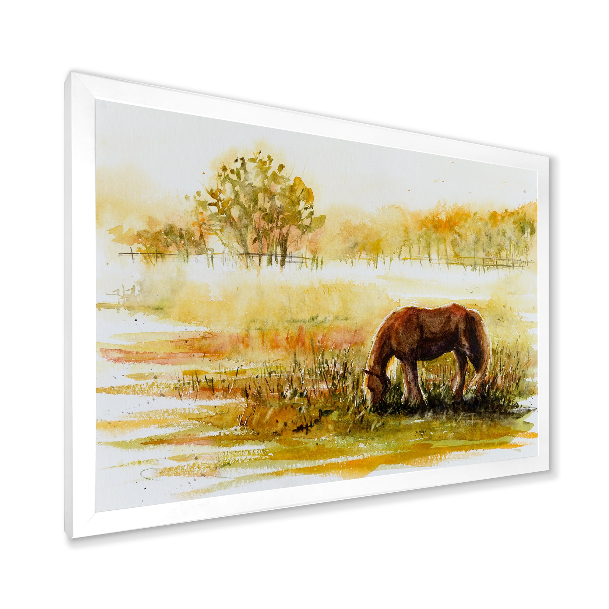 Designart 'Horse Eating Grass On A Meadow' Farmhouse Framed Art Print