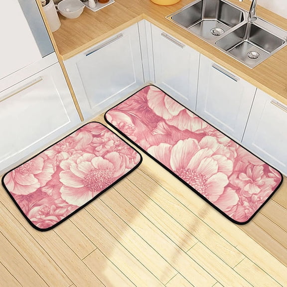 Pink Peonies Elegant Kitchen Mat Set of 2 Cushioned Non Slip Rugs for Bedroom Floor Runner Mats