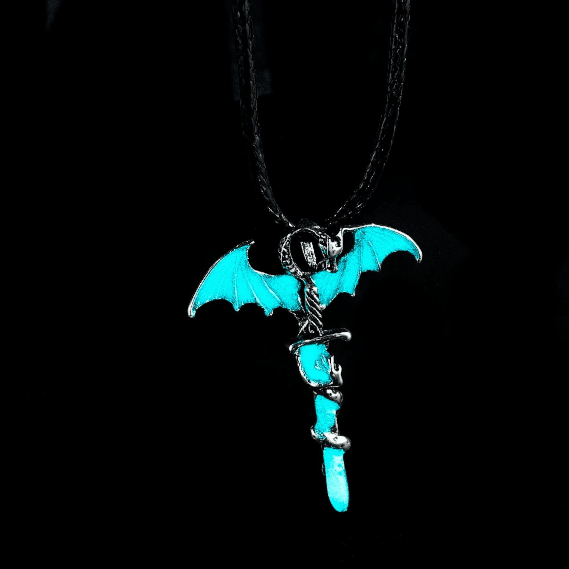 Silvertone Flying Dragon and Sword Necklace Glow in the Dark