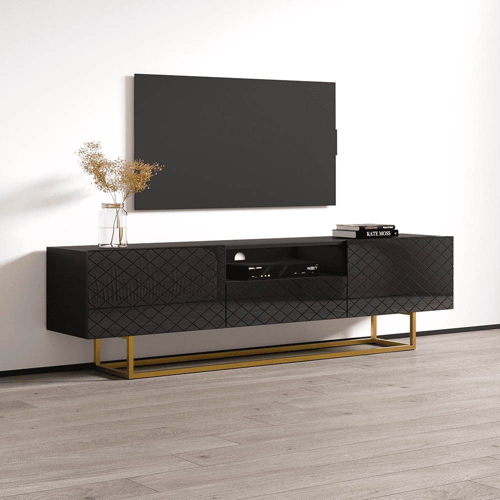 Lattice 01 TV Stand for TVs up to 85", Mid-Century Modern High Gloss 75" Entertainment Center, TV Media Console with Storage Cabinets