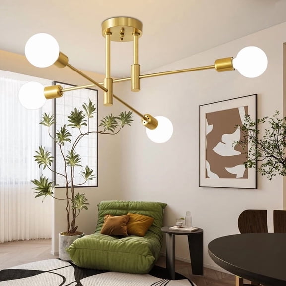 Deyidn Gold 4-Light Sputnik Chandelier - Mid Century Modern Flush Mount Ceiling Light Fixture for Dining Room Kitchen Bedroom