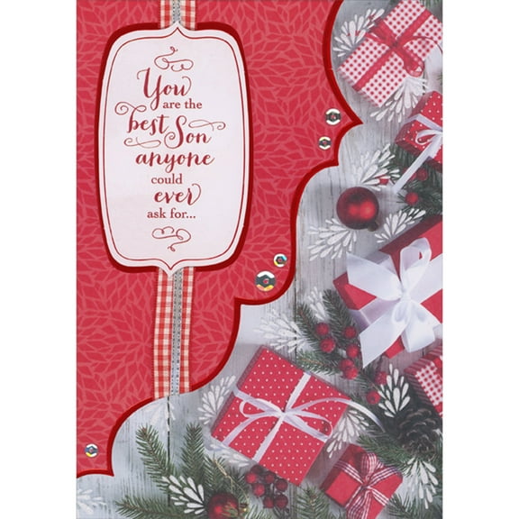 Designer Greetings You are the Best Son 3D Die Cut Banner, Ribbon, Sequins, Curving 3D Panel of Pine Branches and Gifts Hand Decorated Christmas Card