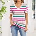 thumbnail image 2 of Camiseta de Manga Corta de la Mujer con Estampado a Rayas Casual con Botón en V para el Uso Diario de Primavera Y Verano, 2 of 8