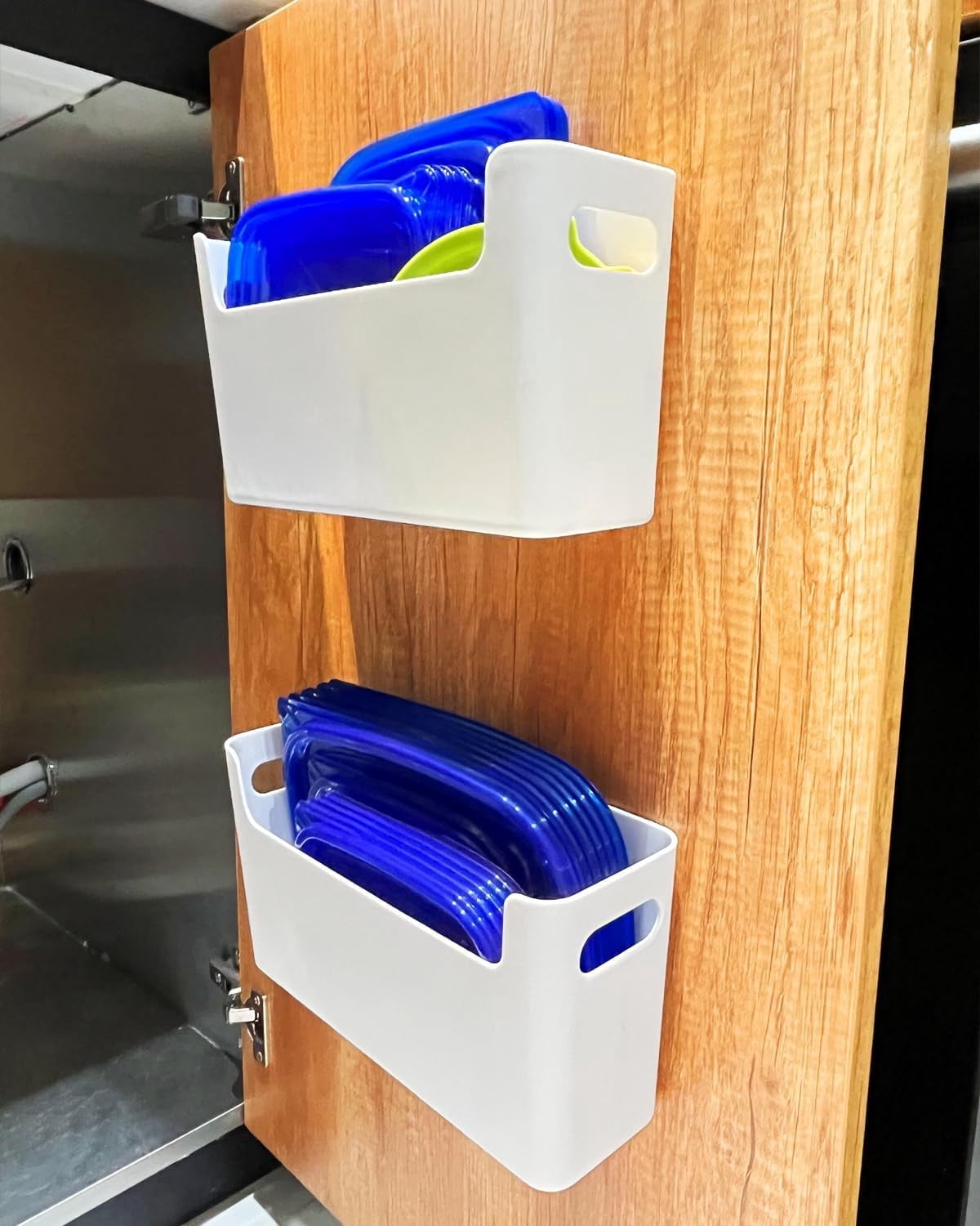 4 Pack Adhesive Cabinet Door Organizer, GIXUSIL No Drilling Wall Mounted Pantry Door Organizer, Bin Holder for Lid Kitchen Wall Under Sink Basket, Organizer Storage for RV Kitchen Bathroom
