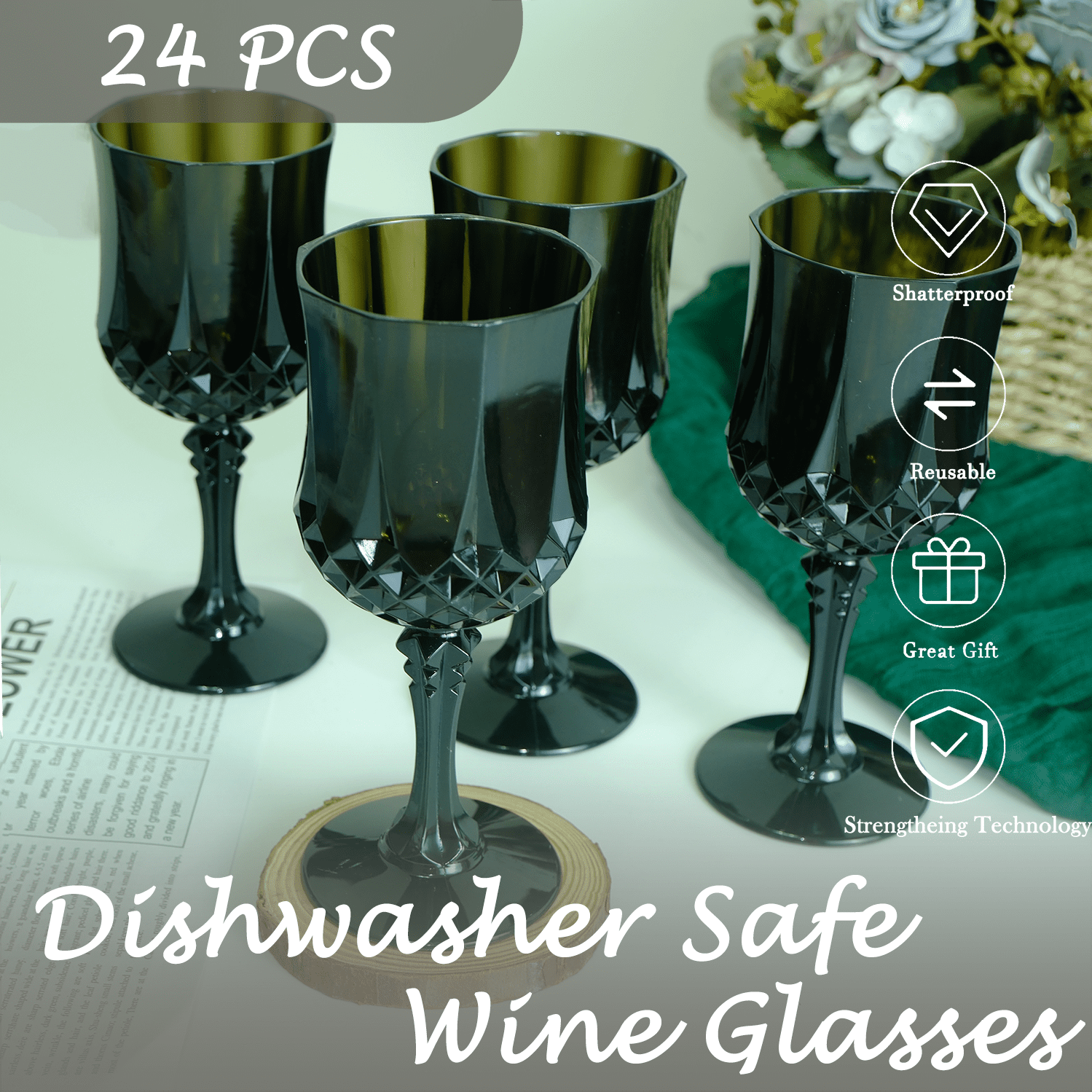 ZHURUININ Reusable  Plastic Wine Glasses，Black，7oz，24Pack