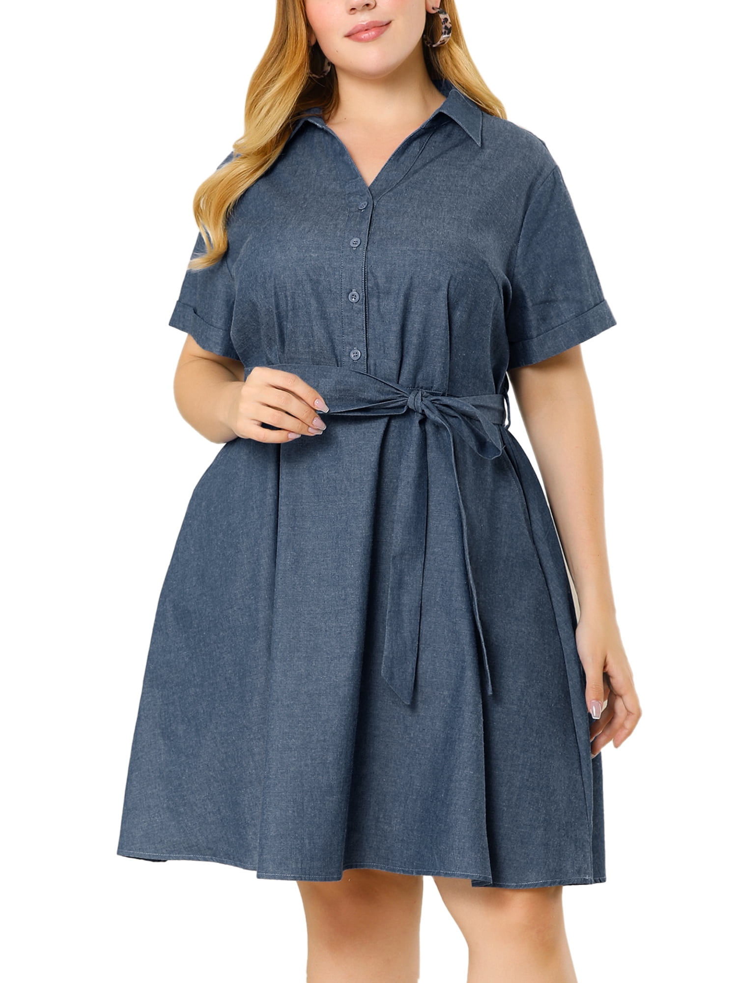 Unique Bargains Women's Plus Wrap Belted Turndown Collar Chambray Dress 3X Dark Blue