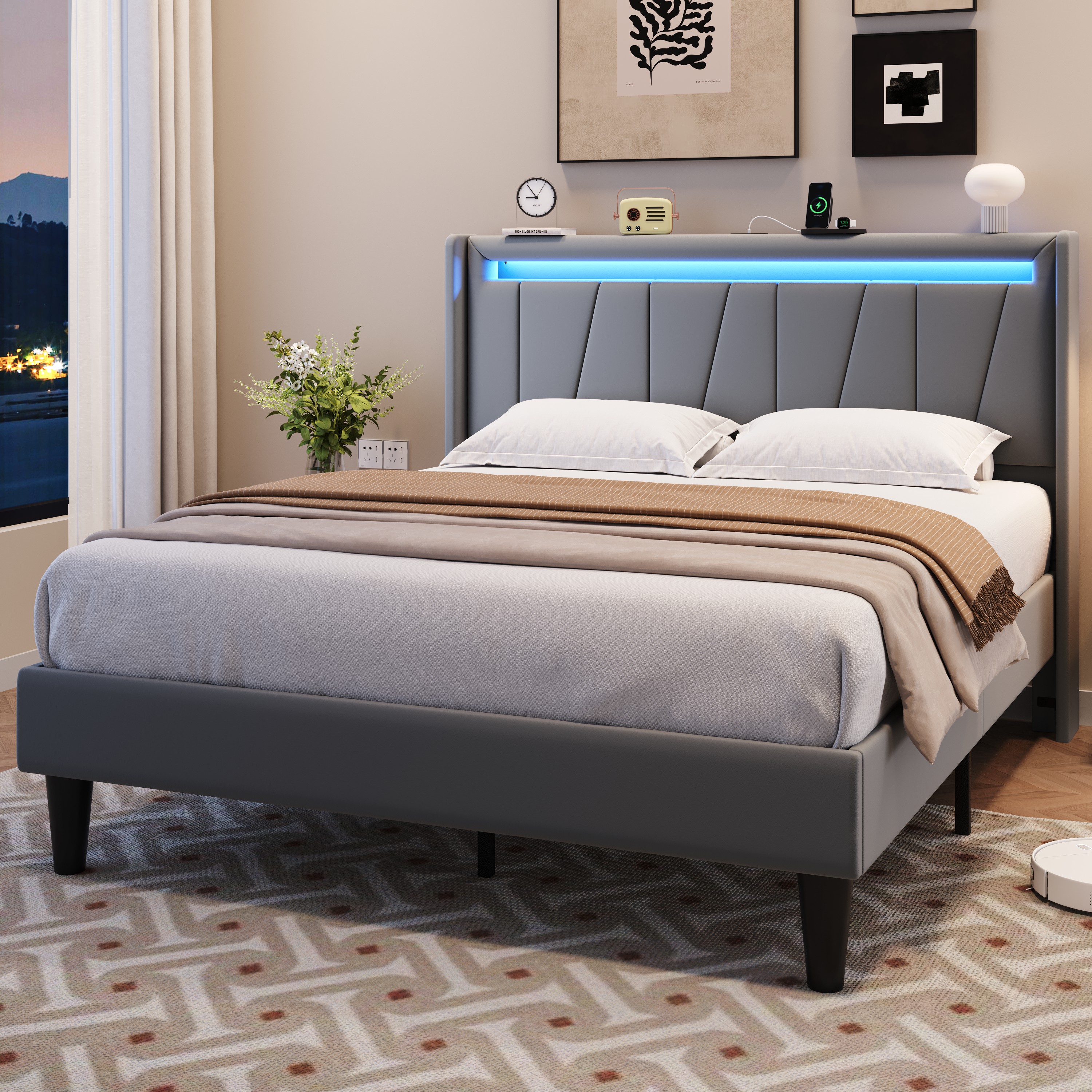 Amolife Full Size Bed Frame with Charging Station & LED Light, Velvet Upholstered Platform Bed with Geometric Wingback Headboard, Grey