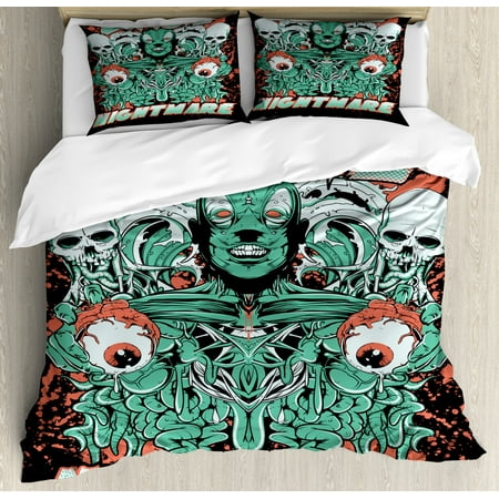 Zombie Duvet Cover Set Retro Style Nightmare With Skulls Ghost