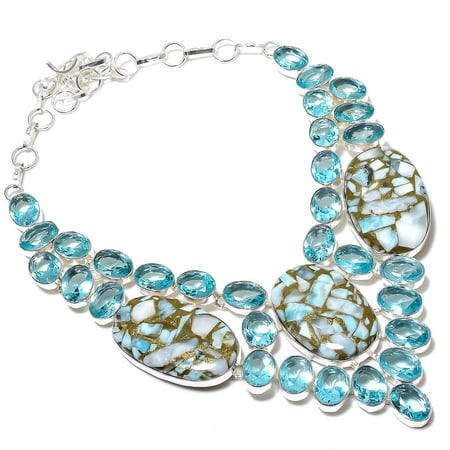 Natural Copper Larimar,Blue Topaz Gemstone 925 Sterling Silver Necklace 18"