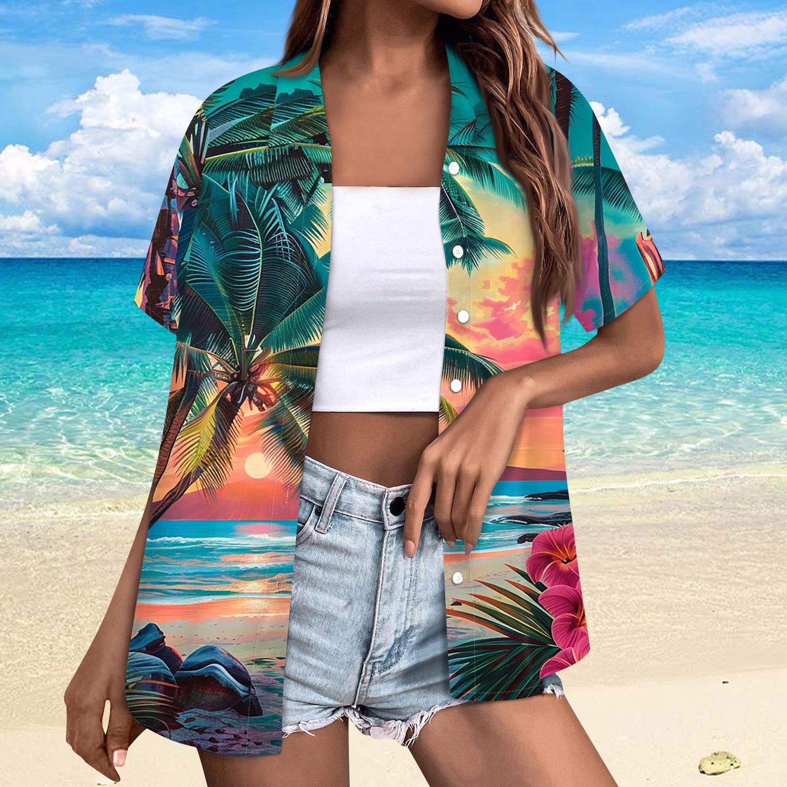Huresd Womens Tops Hawaiian Shirt Palm Tree Print Collar