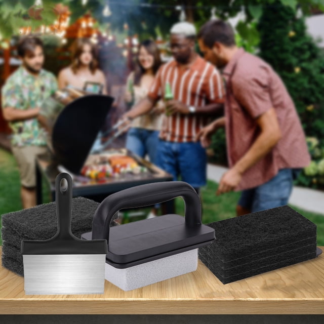 YAOMOBB BBQ Brush BBQ Griddle Cleaning Tool Kit Multifunctional Cleaner with Handle Scouring Pad Pumice Stone Brush
