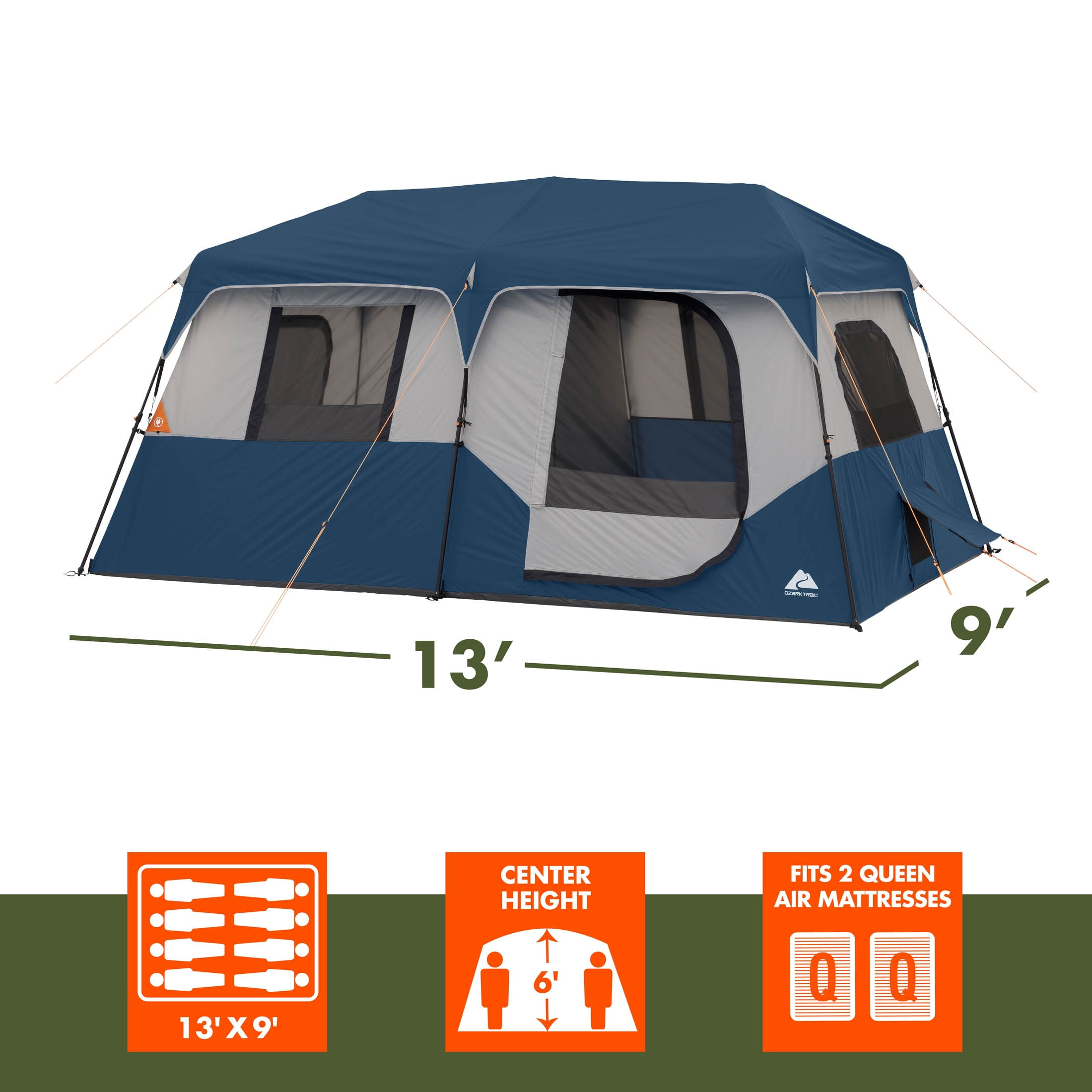 Ozark Trail 8 Person Family Instant Cabin Tent, 13' x 9' x 72", made with recycled materials, blue