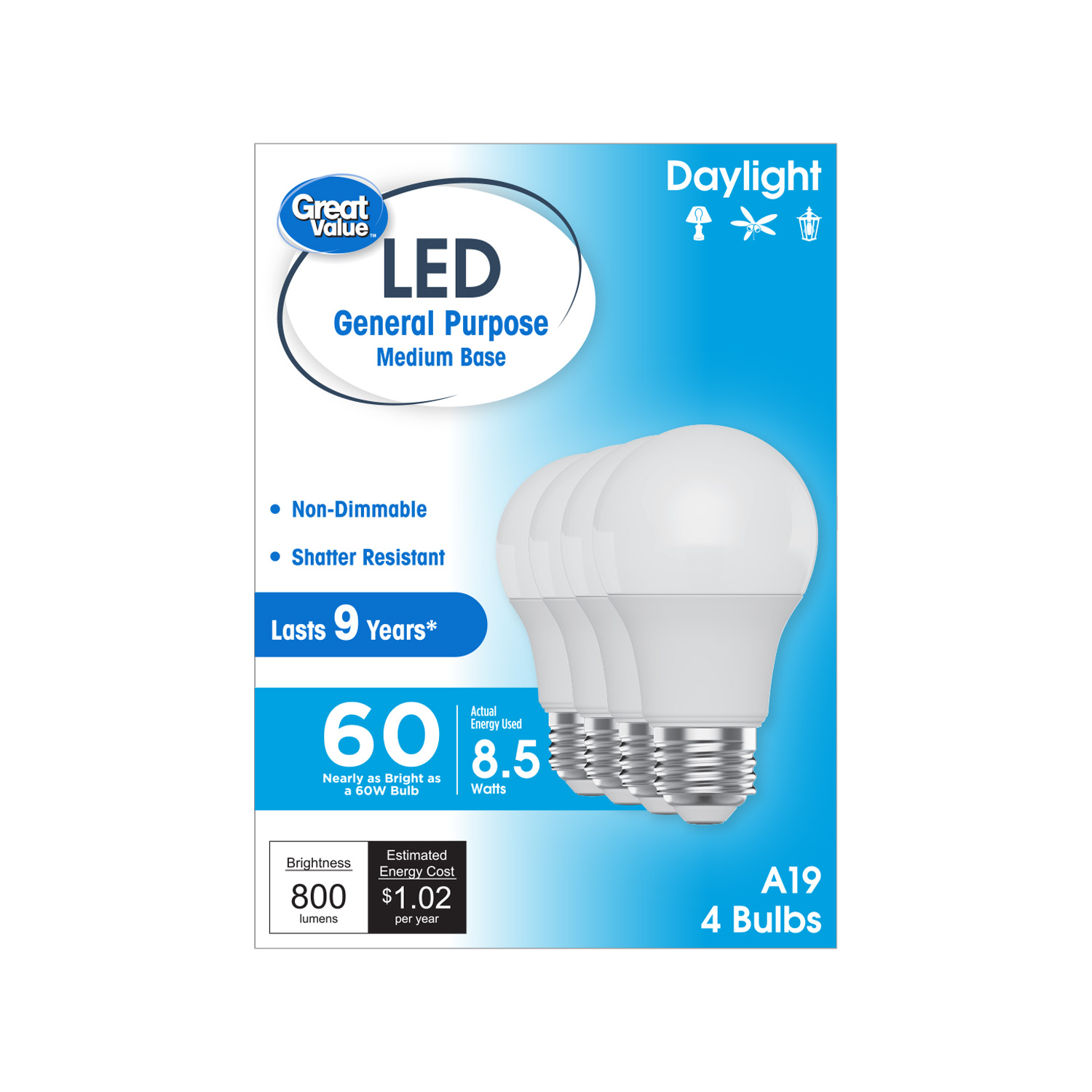 Great Value LED Light Bulb, Daylight, 60 Watt Eqv, A19 General Purpose, E26 Medium Base, 9yr, 4 pack