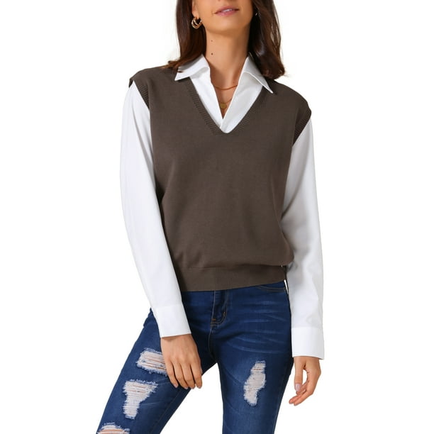 Chaleco de suéter sin mangas de cuello en V para mujer INSPIRE CHIC, clásico, de punto, parte superior de pullover, S, color café