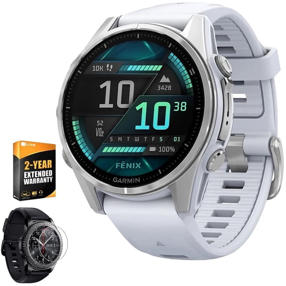 Garmin 010-02903-00 Fenix 8 43 mm, AMOLED, Silver with Whitestone Silicone Band Bundle with 2 YR CPS Enhanced Protection Pack & Round Tempered Glass Screen Protector
