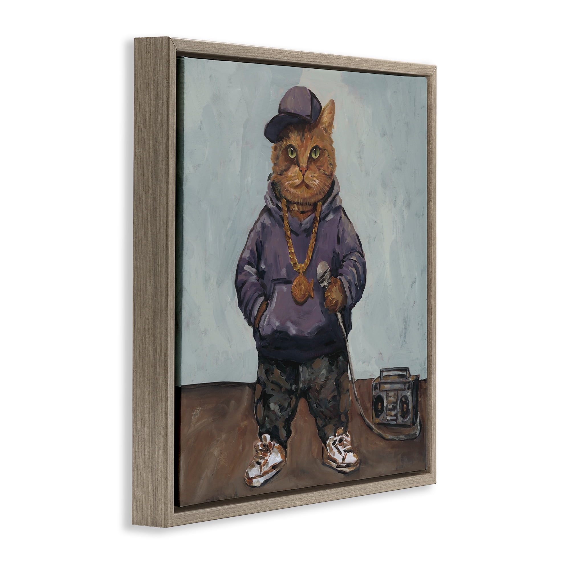 Stupell Industries Urban Hip-Hop Cat Brown Framed Floater Canvas Wall Art, design by Studio Bautista