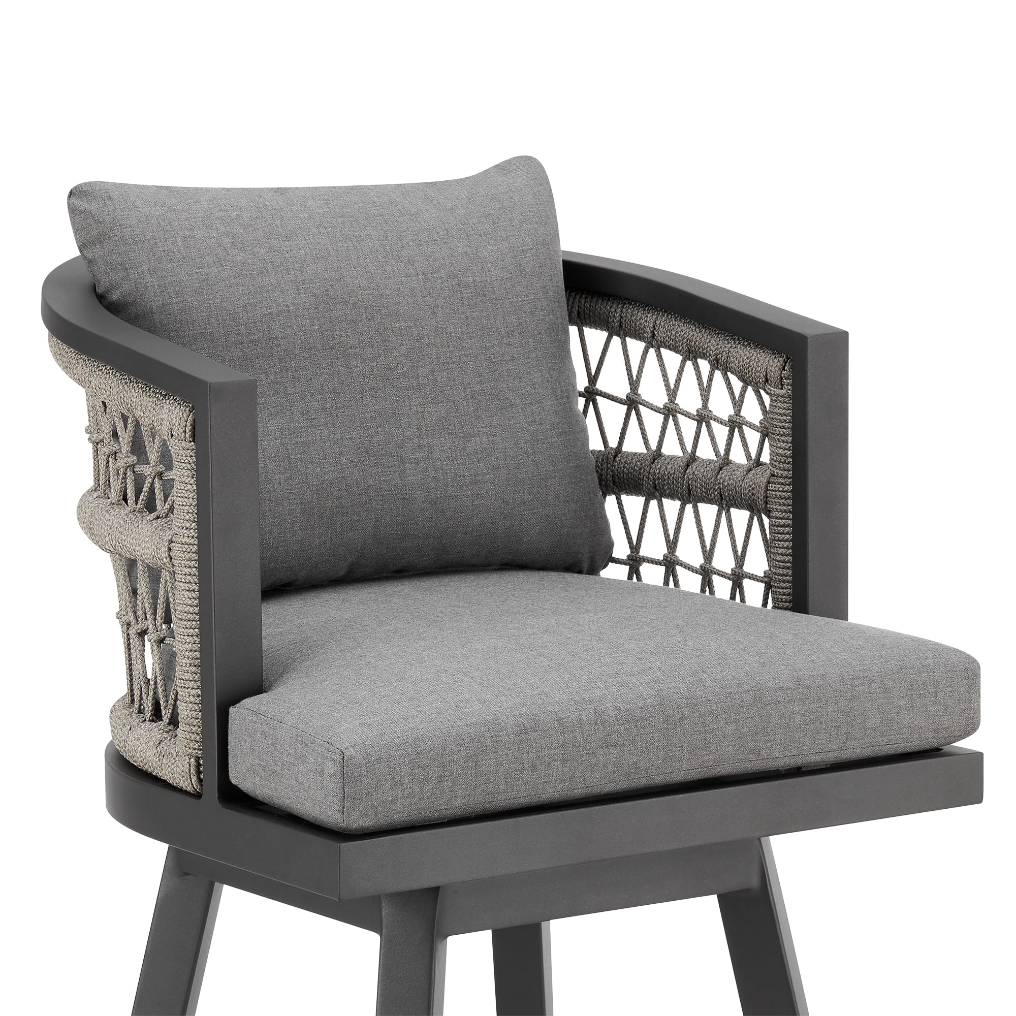 Zella Outdoor Patio Swivel Counter Stool in Aluminum with Light Gray Rope and Earl Gray Cushions - Set of 2