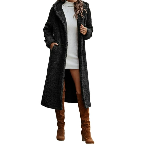 comerut Winter Coat Solid Color Hooded Mid Length Fleece Cardigan Keep Warm Fuzzy Double Buttons Lady Overcoat Female Clothes