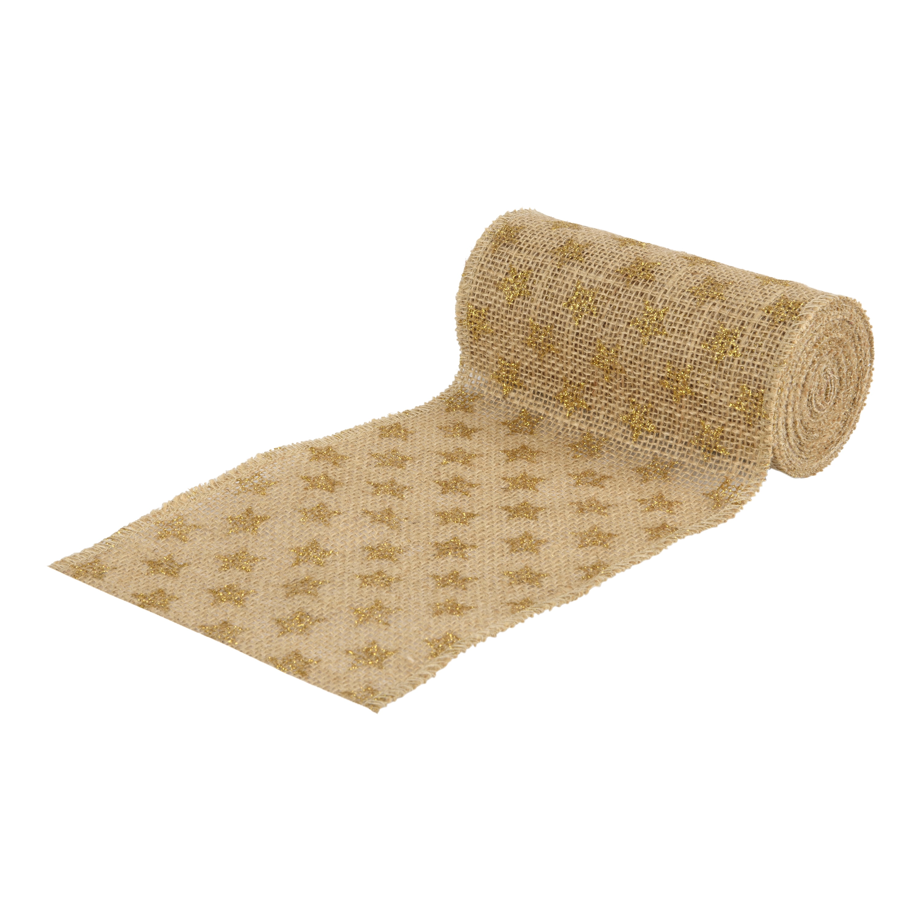 Love, Laugh, Craft Jute Burlap Roll Precut, Finished Edges, 6"W x 5-Yards, 740-27, Brown/Gold Star Glitter