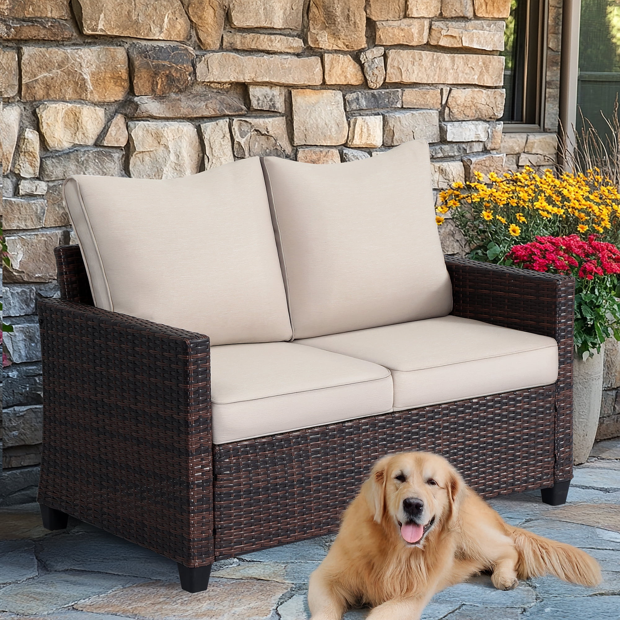 AstrPthylx Outdoor Loveseat, All-Weather 2-Seater Rattan Sofa with Cushions for Patio, Balcony, Backyard - Beige
