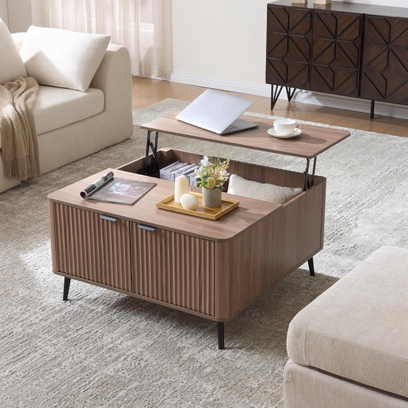 Lift Top Coffee Table with Large Hidden Compartment, 35.4" Wide Square Coffee Table with Storage, Mid Century Modern Fluted Center Table for Home Living Room, Brown