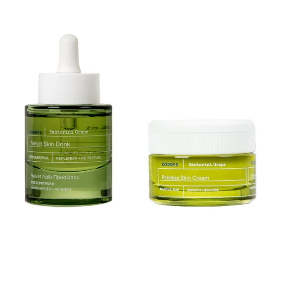 KORRES Duo de Peau Sans Pores au Raisin Santorini Comprend une Crème pour la Peau Sans Pores au Raisin Santorini et une Boisson en Velours au Raisin Santorini, Ensemble de 2 Pcs