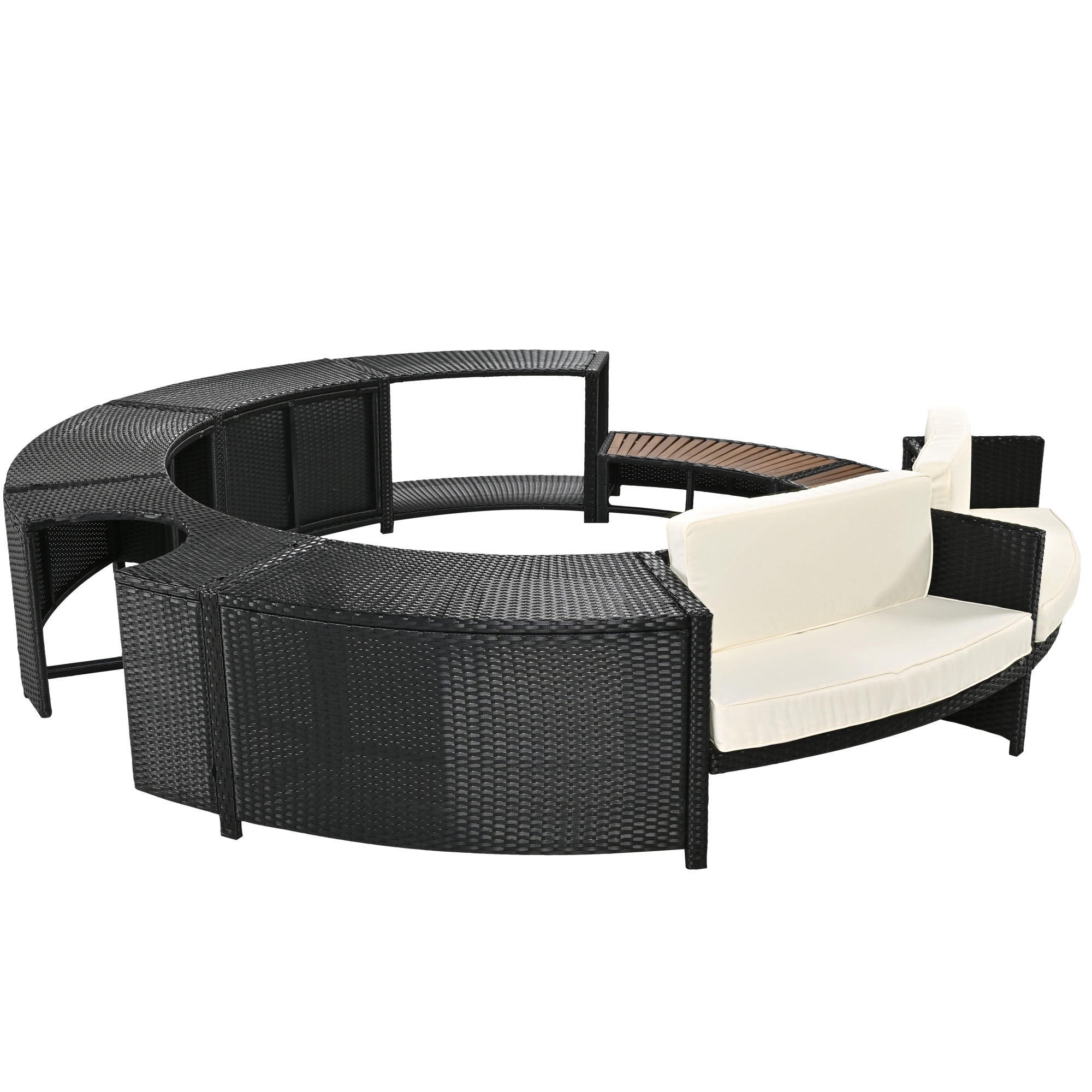 Outdoor Rattan Furniture Set Hot Tub Parts, Surround Outdoor Spa Sectional Sofa Frame, Loveseat with Beige Cushions, Wooden Bench, Storage Cabinet, Large Top Space, 112.2’’Dia