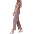 thumbnail image 4 of INSPIRE CHIC Womens Pajama Set Ribbed Knit Short Sleeve Side Slit Top and Pants 2 Piece Lounge Outfits with Pockets 2XL Purple, 4 of 5