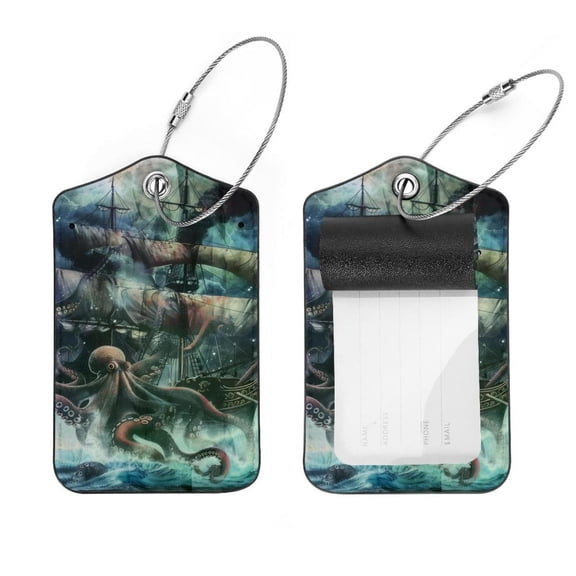 PhooArto Nautical Ship Sea Octopus Luggage Tags with Stainless Steel Loop, 2 Pack Luggage Tag Holders for Travel Luggage Baggage Identifier