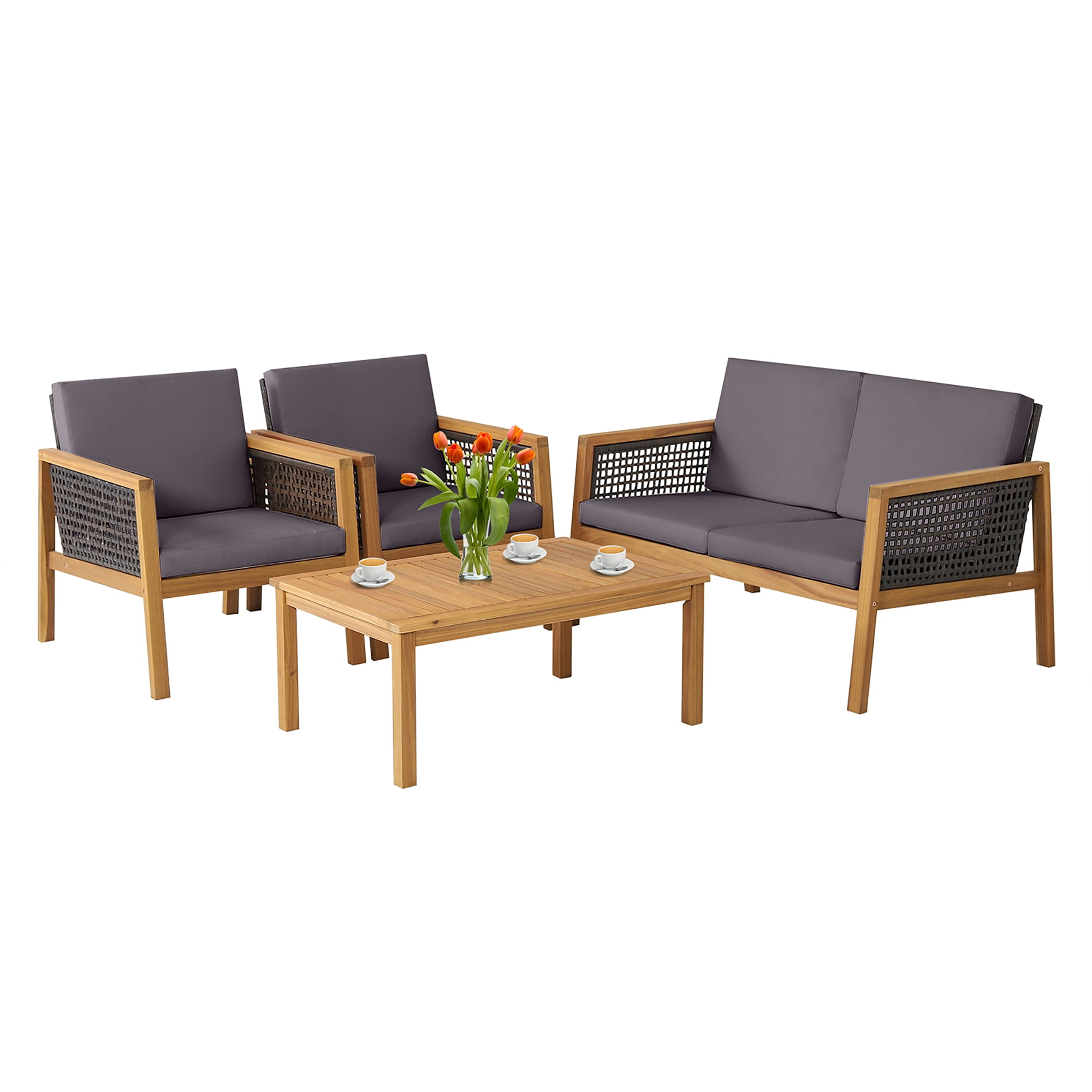 Costway 4PCS Patio Rattan Furniture Set Acacia Wood Cushioned Sofa Gray
