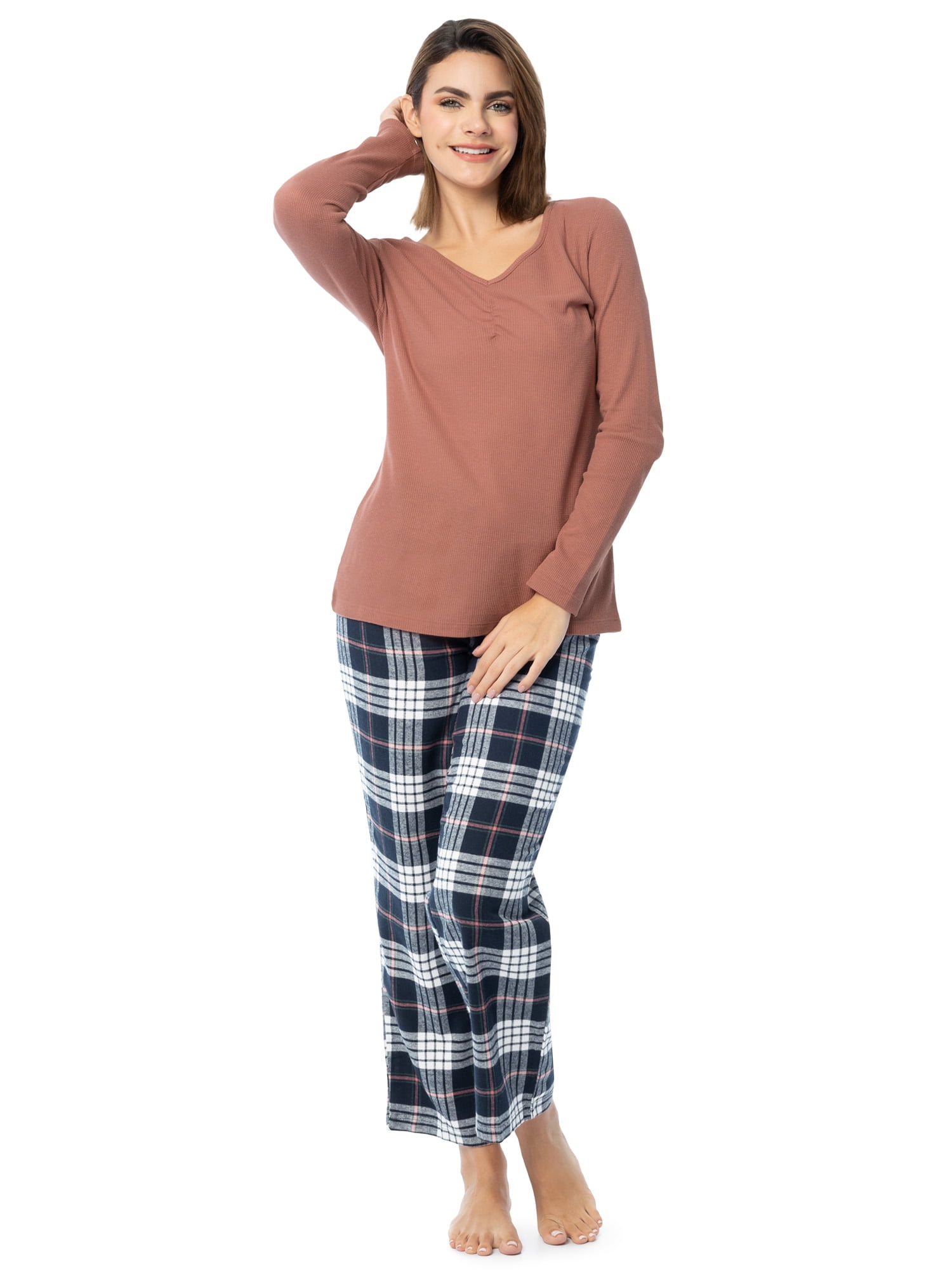 Fruit of the Loom Women's Beyond Soft Long Sleeve Waffle Top and Flannel Bottom Pajama Set, Sizes S-4X