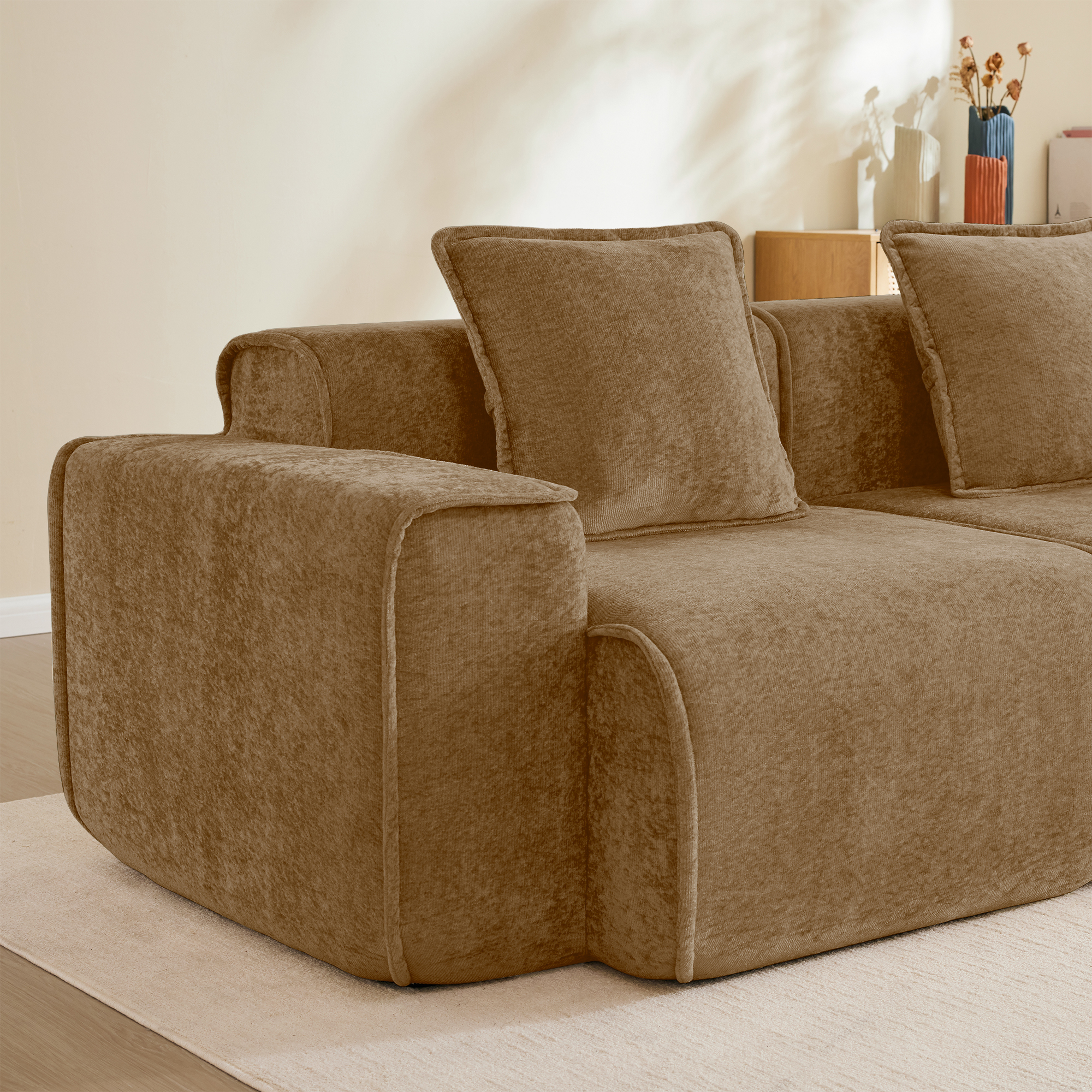 Leumius 2 Seater Cloud Loveseat Sofa,Modular Velvet Fabric Deep Seat Boneless Couch with 2 Throw Pillows,Square Arm Sofa for Living Room Apartment,No Assembly,Brown