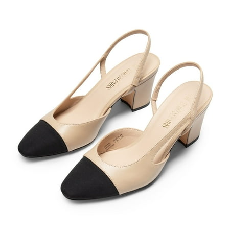 BURUDANI Women Slingback Low Chunky Heels Pumps Ankle Strap Cap Toe Pumps Shoes NUDE Size 9