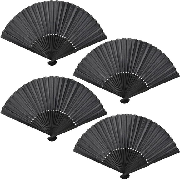 Folding Fan 4Pack Bamboo Silk Black Hand Fan Expand 14.96in for Performance/Dance/Party(Fold 8.27×1.18in)