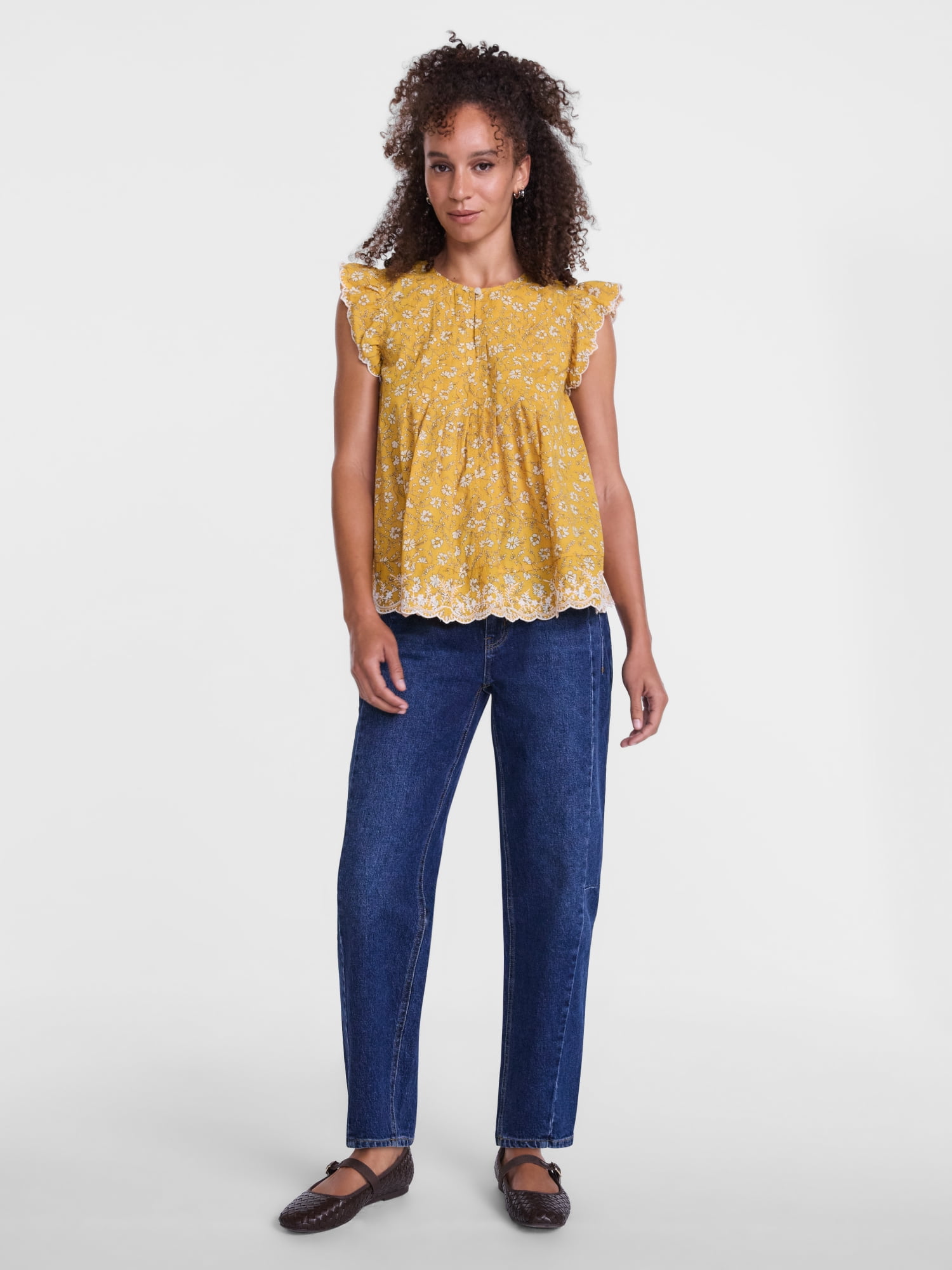 Scenario Women's and Women's Plus Short Sleeve Pleated Embroidered Printed Top, Sizes XS-4X