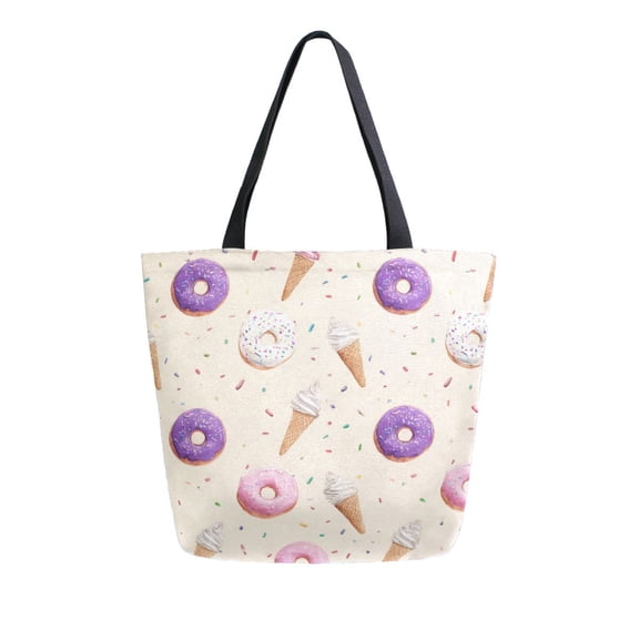 Open Top Canvas Shoulder Handbag with Interior Zipper Pocket Large-Capacity Tote Bag Various Dessert Patterns